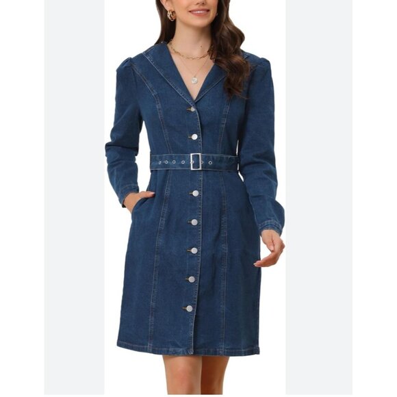 NWT Blue Denim Button-Up Dress With Belted Waist By Allega K - Size M - Picture 2 of 15